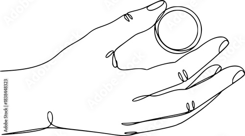 Hand holds coin continuous one line drawing art savings and investment money concept, One continuous line drawing of a hand holding a coin financial business single line vector illustration