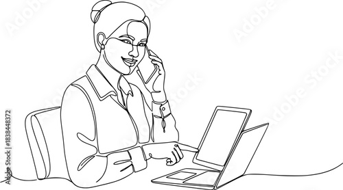 Continuous one single line drawing Happy professional young business woman using laptop, Professional young business woman using digital mobile phone tablet laptop work.