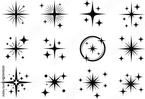 Elegant Black Starburst Icons for Sparkle Effects, Light Reflections, Magical Highlights, UI Accents, Decorative Twinkles, and Clean Design Elements