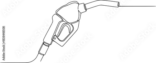 Refueling gas gun dispenser single continuous line art. Petrol industry business car diesel pump refuel headline, Gasoline pistol isolated on white background. One line continuous gasoline pistol art