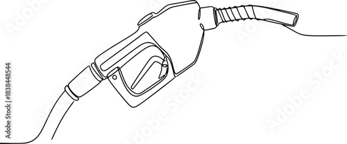 Refueling gas gun dispenser single continuous line art. Petrol industry business car diesel pump refuel headline, Gasoline pistol isolated on white background. One line continuous gasoline pistol art