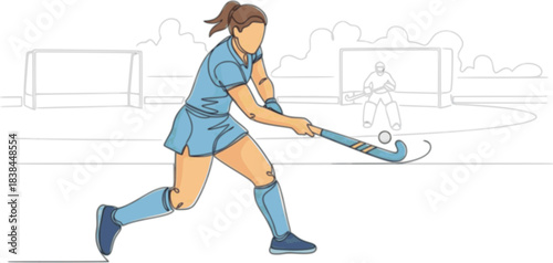 Minimalist vector illustration of a female field hockey athlete playing a match, One continuous line drawing of young professional ice hockey player exercising and practicing on ice rink stadium.