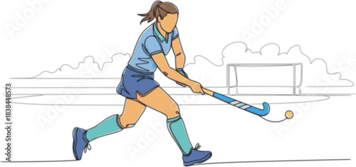 Minimalist vector illustration of a female field hockey athlete playing a match, One continuous line drawing of young professional ice hockey player exercising and practicing on ice rink stadium.