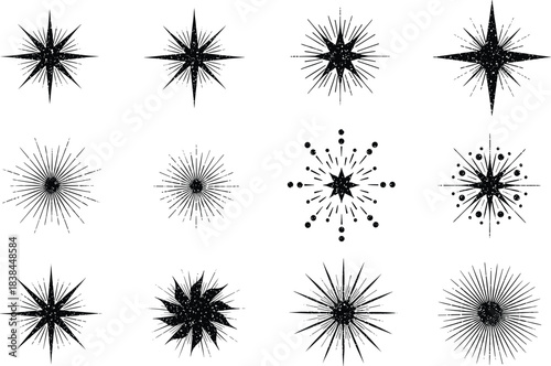 Radiant Black Sunburst Icons for Decorative Accents, Light Rays, Graphic Highlights, Abstract Symbols, UI Elements, and Minimalist Design