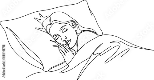 Continuous single line sketch drawing of woman sleeping on pillow bed one line lifestyle vector, Woman home sleep relax relax calm tired one line art design vector.