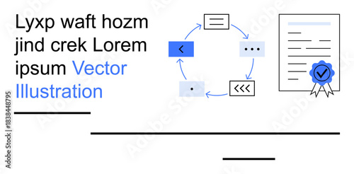 Business processes, certification workflows, automation, seamless communication, document validation, system analytics. Visuals include a circular process flow and certified document. Certification