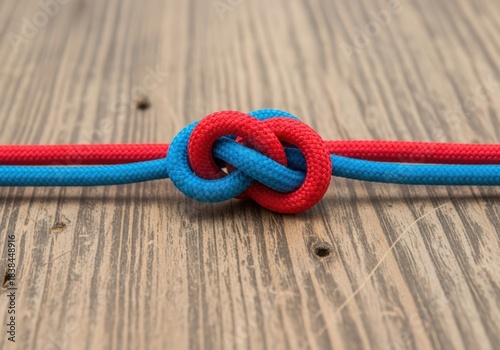 Wallpaper Mural Red and blue ropes tied in a strong knot on a wooden surface Torontodigital.ca