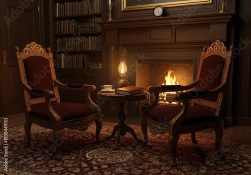 Wallpaper Mural Cozy elegant library with armchairs, fireplace, and warm light Torontodigital.ca