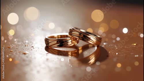 Stunning close up slow motion of elegant gold wedding bands sparkling in warm light