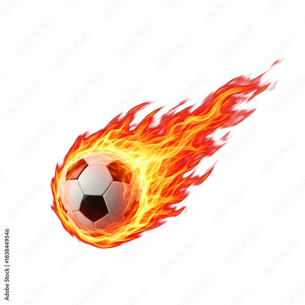 Fototapeta premium Soccer ball engulfed in bright orange and yellow flames isolated on a transparent background