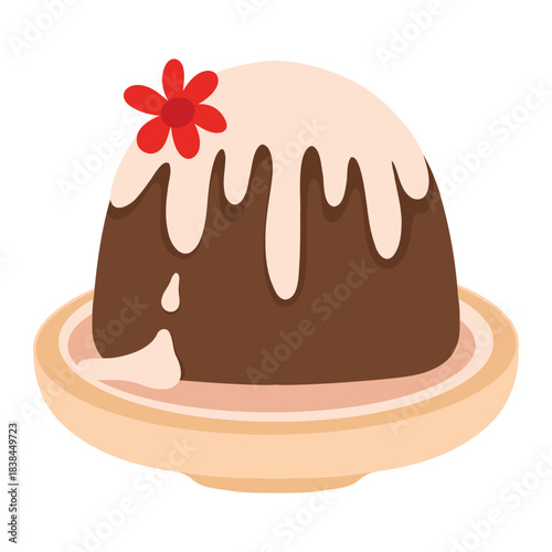 Floral pudding on plate, decorated dessert. Pudding with flower garnish, sweet presentation. Elegant pudding illustration, dessert