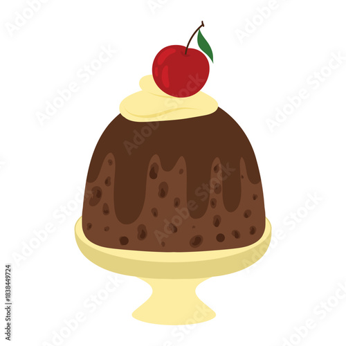 Pudding on stand with cherry, dessert display. Pedestal pudding illustration, sweet serving. Dessert stand with pudding, custard treat vector