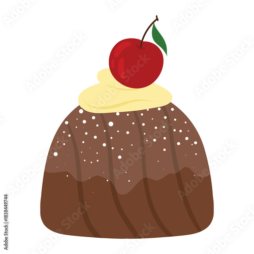 Decorated pudding with cherry, dessert icon. Cherry topped custard pudding illustration