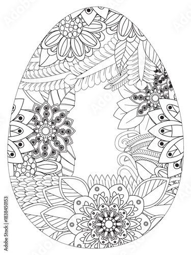 Simple Easter egg illustration decorated with a delicate and clean outline pattern of daisy flowers perfect for coloring pages