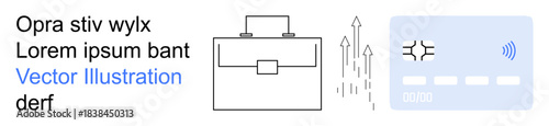 Business development, financial growth, digital transactions, mobile banking, innovation, corporate strategy. A briefcase, upward arrows and a payment card . Business development and financial