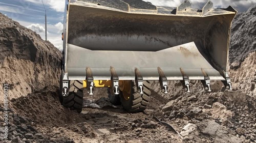 Loader and excavator work together to dig and transport dirt at a construction site. The machinery operates in a large trench on a cloudy day.