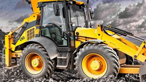 Loader and excavator carry out transport tasks in a mountainous area. Machines move materials while clouds fill the sky and sun shines in the background.