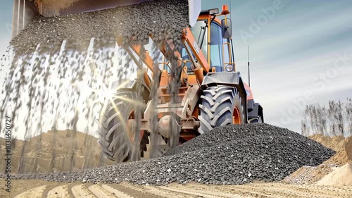The loader lifts and dumps gravel at the construction site while the excavator prepares the ground for building. Machines work in bright sunlight.
