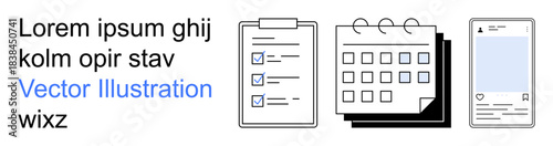 Task organization, productivity tools, scheduling, project management, mobile apps, workflow planning. Checklist, calendar and mobile interface . Task organization and productivity tools concept