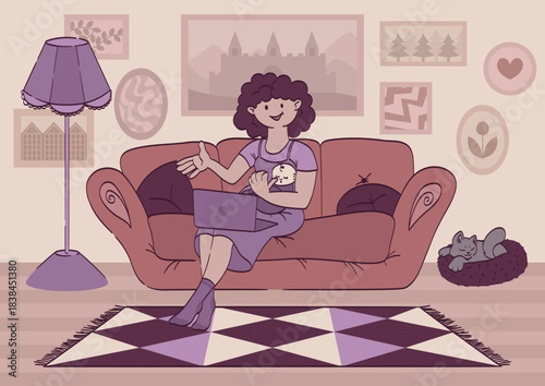 Mom with a child working from a cozy home