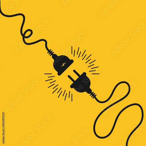 Electric socket and plug vector icon showing power connection or disconnection. Clean minimal outline design on yellow background, ideal for energy, charging, electricity and safety graphics.