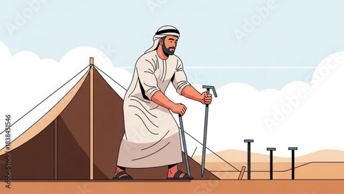 Strong Arab man setting up traditional desert tent with mallet in sunny arid landscape