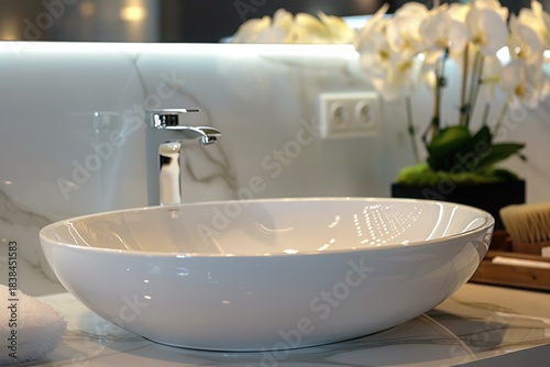 Stylish white sink in modern bathroom interior