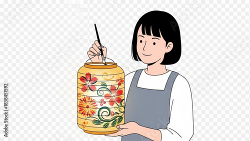 Joyful artisan carefully painting vibrant floral designs onto a traditional yellow paper lantern for a festival