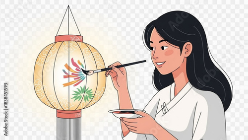 Smiling woman carefully hand paints vibrant designs onto a traditional glowing Asian lantern