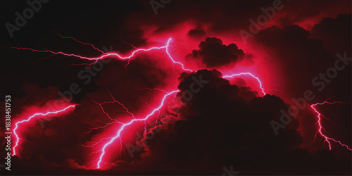 Dramatic summer storm cloudscape with vivid lightning in the dark night sky