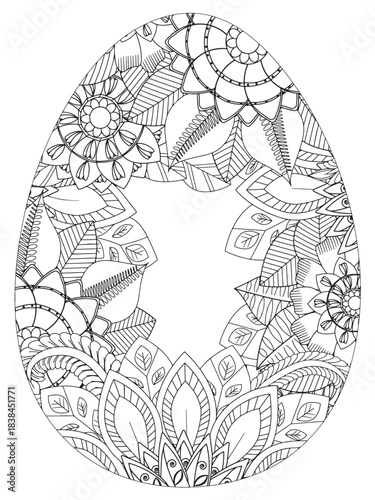 Simple Easter egg illustration decorated with a delicate and clean outline pattern of daisy flowers perfect for coloring pages