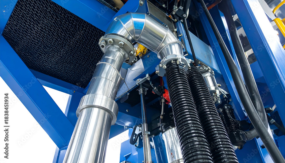 Fototapeta premium Close-up of industrial machinery with metallic pipes and complex blue framework