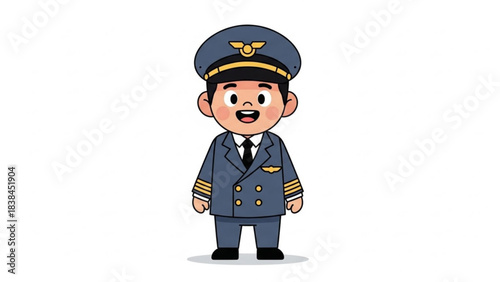 Cheerful cartoon airline pilot character standing in uniform against a clean white background illustration