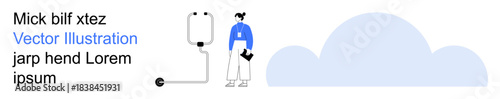 Healthcare, medical equipment, patient care, cloud storage, technology, data security. A figure of a health worker with an IV drip next to a cloud. Healthcare services and medical equipment concept