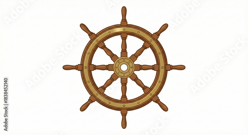 Traditional wooden ship's steering wheel for nautical design elements and sea travel concepts