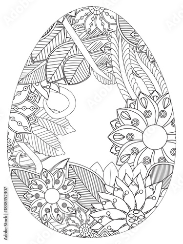 Simple Easter egg illustration decorated with a delicate and clean outline pattern of daisy flowers perfect for coloring pages