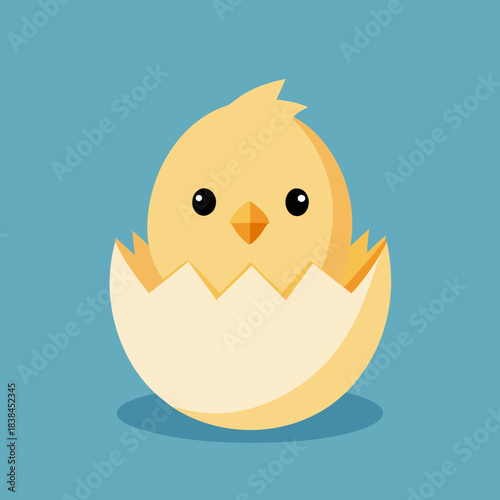 Adorable yellow chick emerging from a cracked eggshell on a blue background