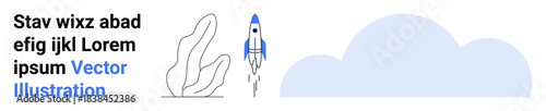 Space exploration, startup innovation, minimalism, technology, future aspirations, business growth. A rocket launches near a cloud and abstract plant shapes. Space exploration and startup innovation