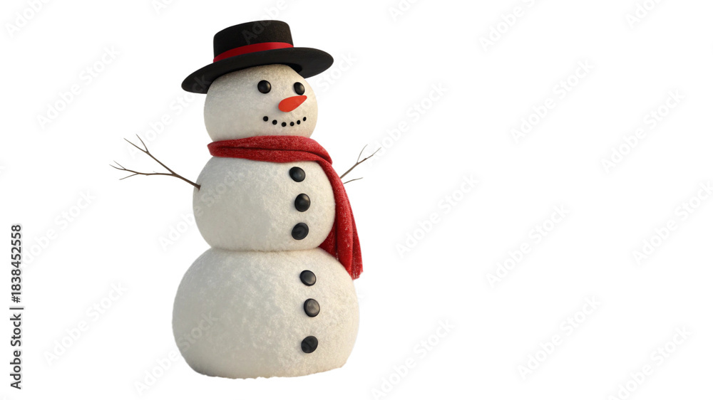 Fototapeta premium Classic snowman wearing a hat and scarf on a black background
