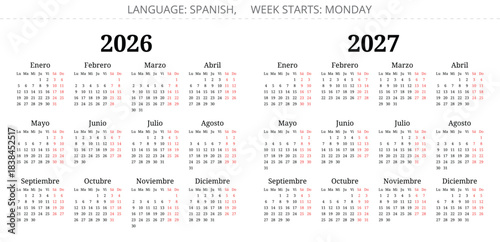 2026 and 2007 spanish calendars with Serif font. Vector illustration Spain
