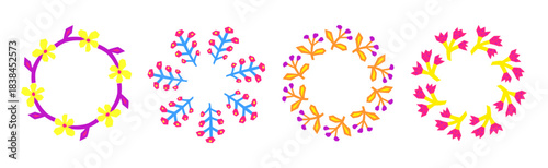 Set of cute round frames with paper cut daisy, bell flowers and berries isolated on white background. Floral circle wreaths.