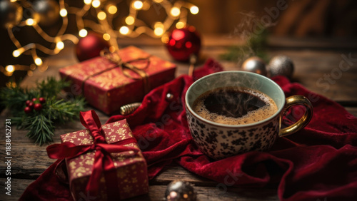 Christmas morning coffee with gifts and festive decorations on a wooden table