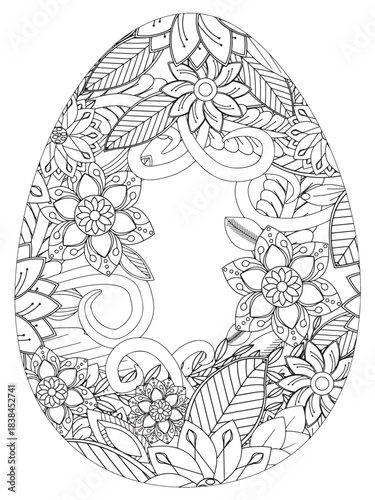 Simple Easter egg illustration decorated with a delicate and clean outline pattern of daisy flowers perfect for coloring pages