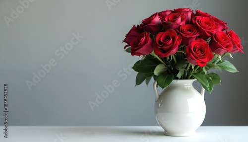 Fresh red rose bouquet sits in white vase. Beautiful floral arrangement green leaves, placed on white surface against plain gray studio background. Romance, love, passion, thoughtful gift for special