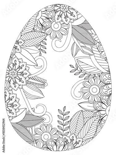 Simple Easter egg illustration decorated with a delicate and clean outline pattern of daisy flowers perfect for coloring pages