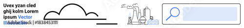 Cloud computing, industrial pollution, search engines, research, environment, technology. Minimalist cloud, factory chimneys releasing smoke search bar icon. Cloud computing and industrial pollution