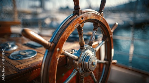 Vintage wooden ship steering wheel with polished metal details on nautical vessel deck in warm sunlight close-up isolated on white background