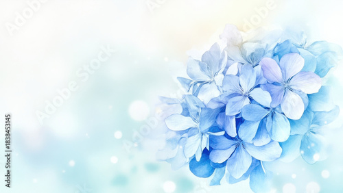 Beautiful blue hydrangea flowers with soft bokeh background and copy space