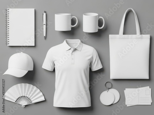 White blank promotional items set mockups for branding on grey