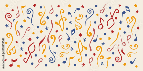 Colorful musical notes and symbols scattered across a light beige background